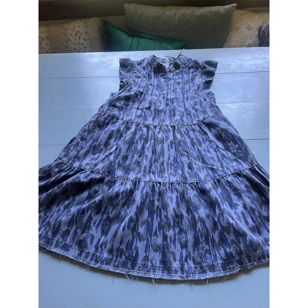 Anthropologie Tiered Leopard Print Dress XS Blue Gray Flutter Sleeve Midi Dress